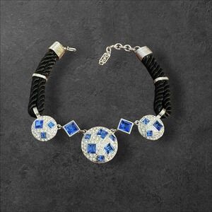 YSL Yves Saint Laurent Blue Crystal Statement Necklace Black Cord Silver Logo